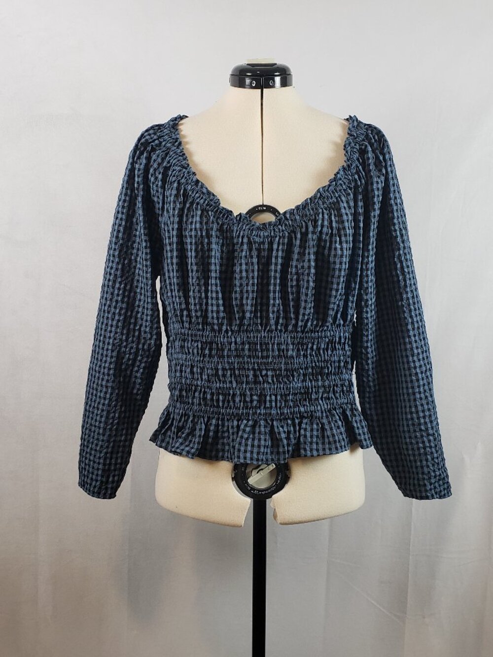 Loft Gingham Smocked Ruffle Top Prairie Cottagecore Feminine Navy Blue Black L